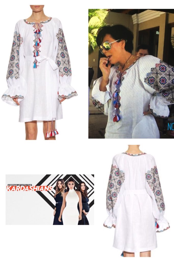 Kris Jenner's white and grey printed caftan with blue and red tassels
