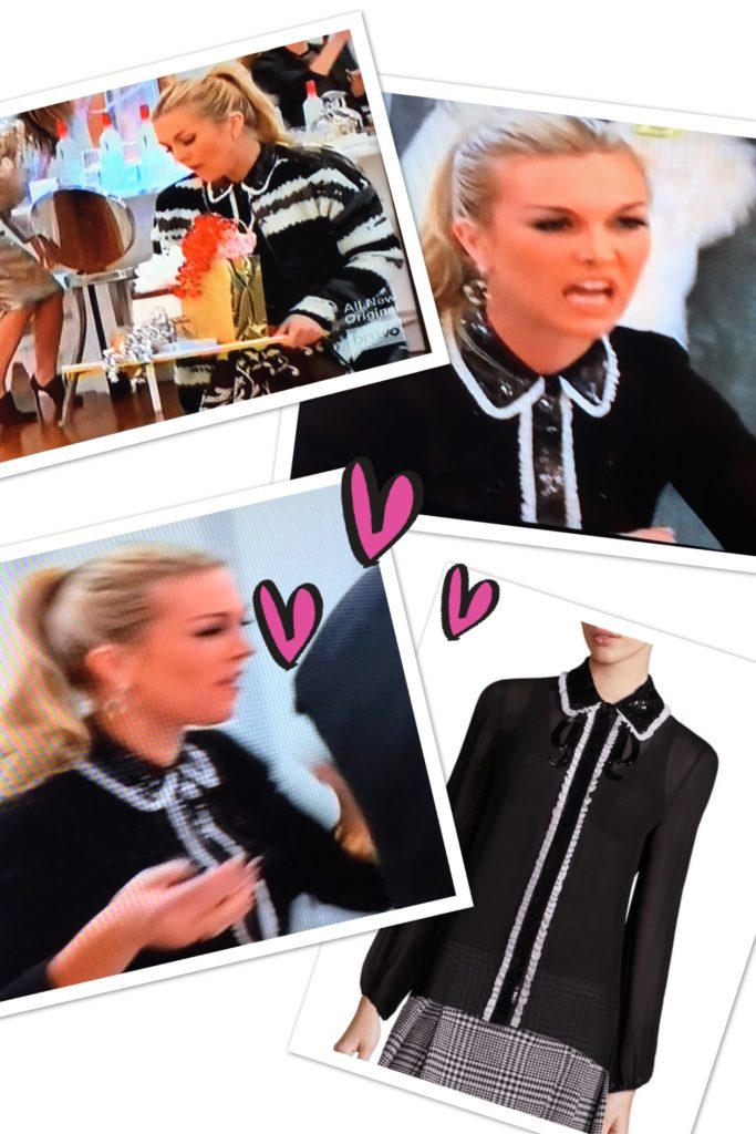 Tinsely Mortimer wearing a black and white sequin bow blouse