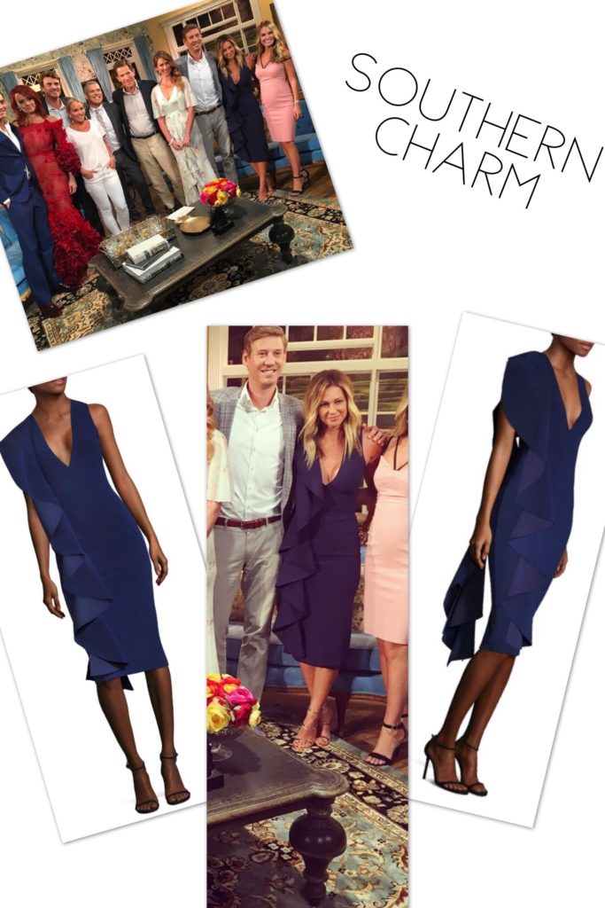 Chelsea Meissner wearing a navy blue ruffle dress at the Southern Charm Season 4 Reunion