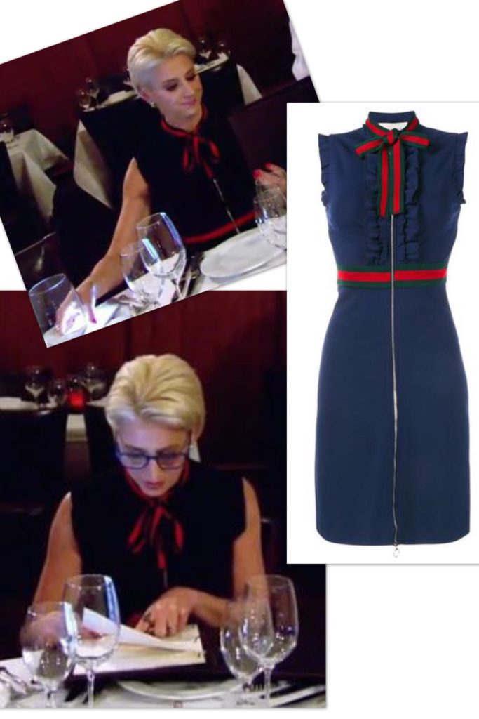 Dorinda Medley wearing a blue Gucci dress with red bow