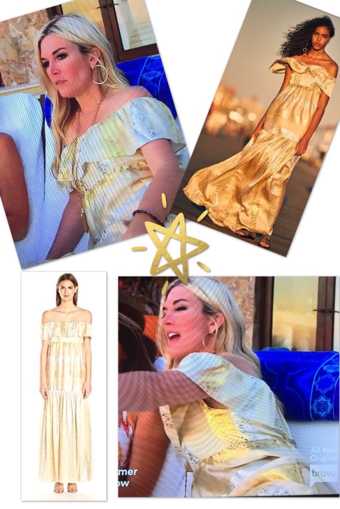 TInsley Mortimer's gold and silver off the shoulder maxi dress