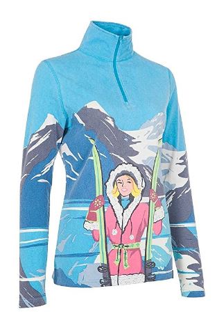 Blue zip sweater with skiier on it