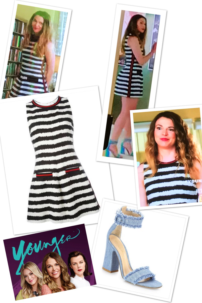 Liza Miller's Black and White striped Dress and Blue Sandals