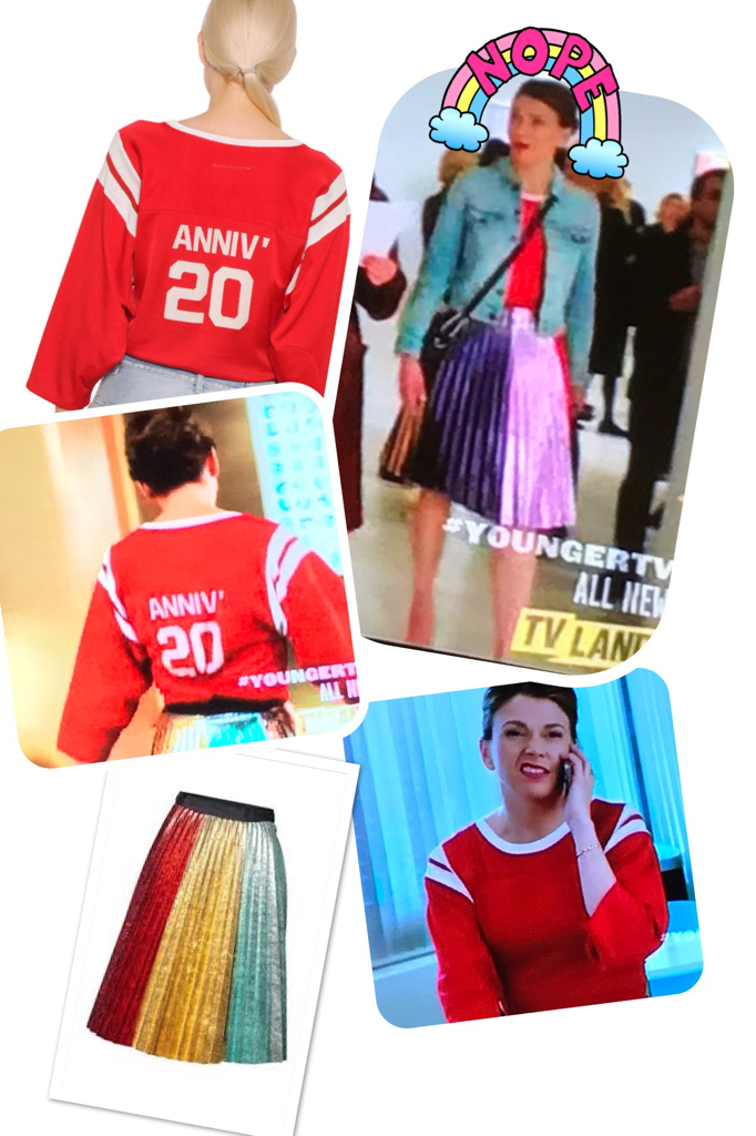 Liza Miller's Red Jersey Top and Rainbow Skirt 