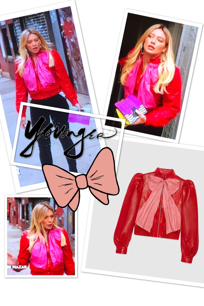 Kelsey Peters' Red Bomber Jacket with Pink Bow