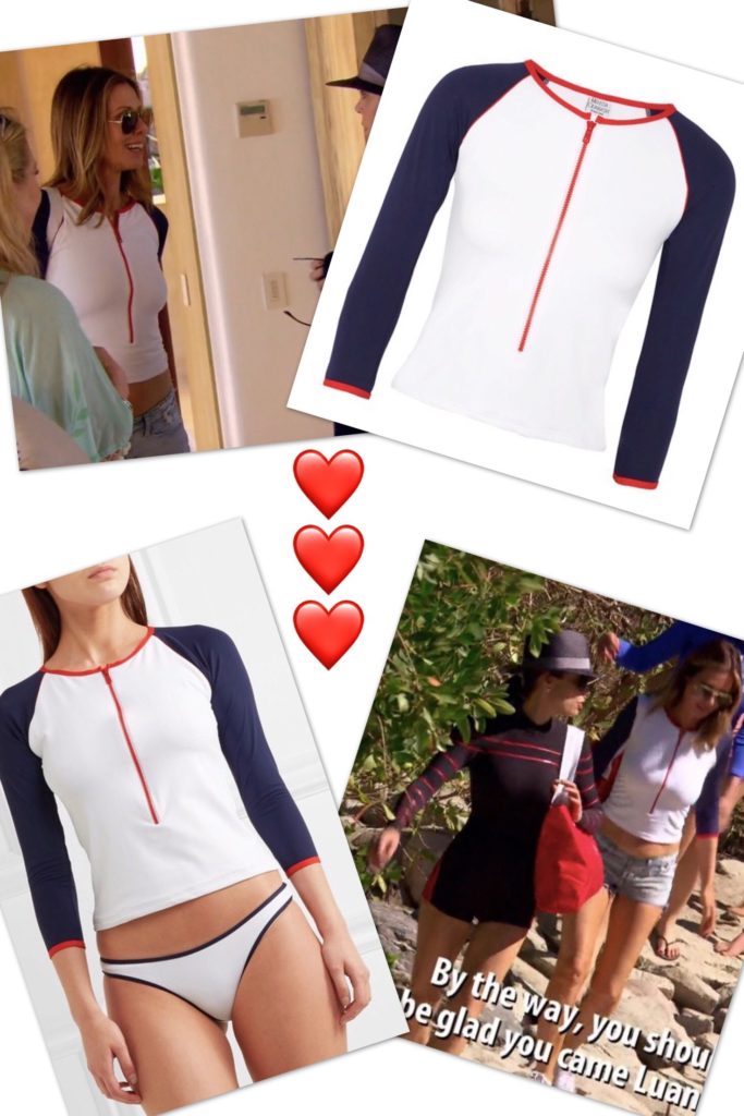 Carole Radziwill wearing a white rash guard with blue sleeves in Punta Mita, Mexico