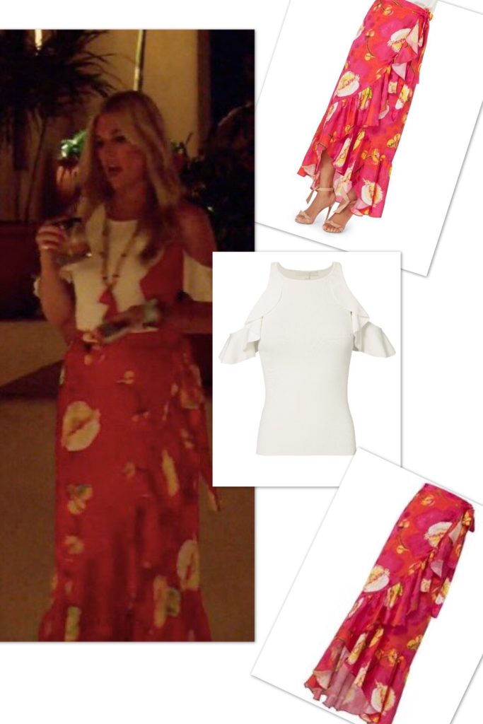 Tinsley Mortimer wearing a red ruffled floral print wrap skirt and white cold shoulder ruffle top