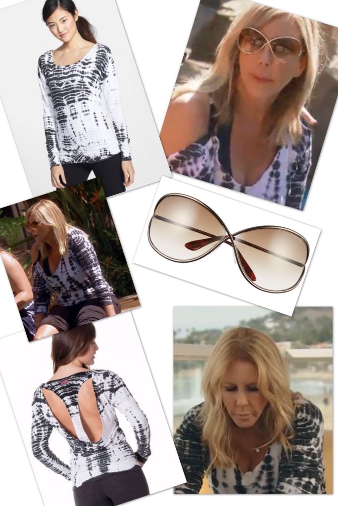 Vicki Gunvalson's Black and White Tie Dye Top with Cutouts and Sunglasses by the Pool Season 12 Episode 8 Real Housewives of Orange County Fashion