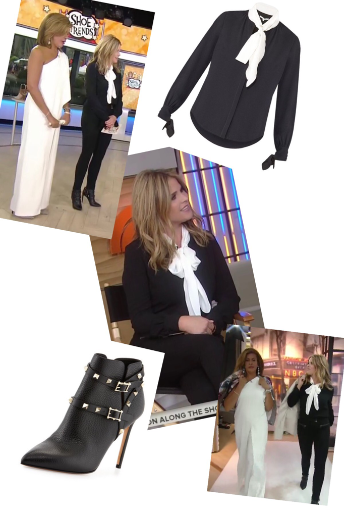 Jenna Bush Hager's Black Blouse with White Tie Neck and Black Boots