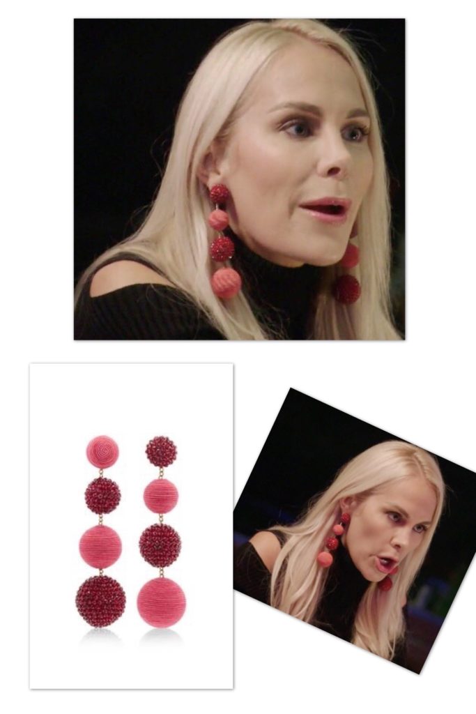 Kameron Westcott wearing pink and read beaded yarn ball earrings