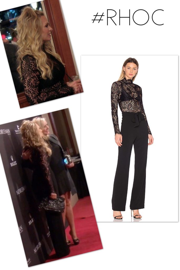 Tamra Judge wearing a Misha Collection black lace jumpsuit 