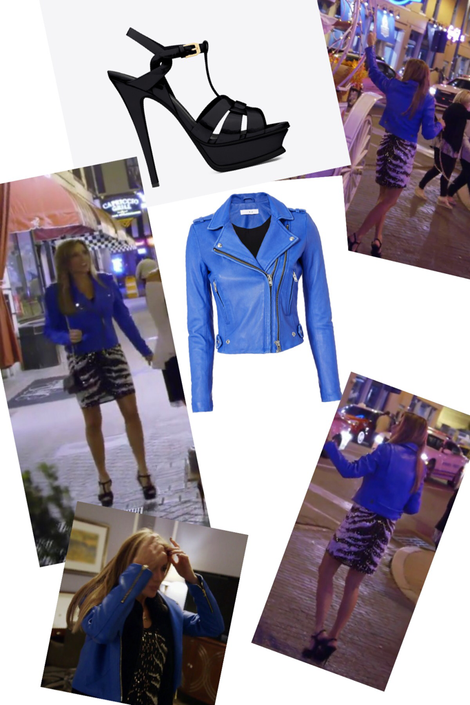 Cary Deuber's Blue Leather Jacket and Black Pumps