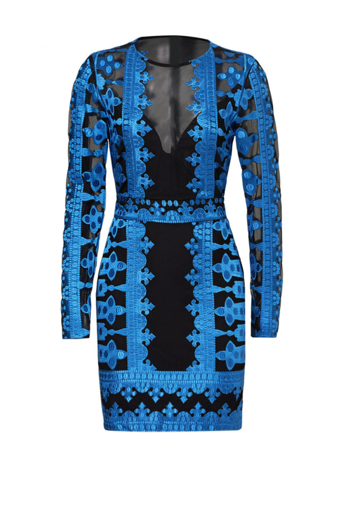 Siggy Flicker's Black and Blue Embroidered Mesh Testimonial Dress