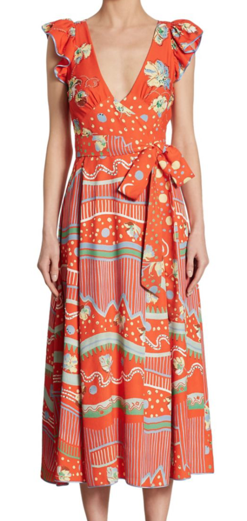 Grace Adler's Orange Printed Flutter Sleeve Dress NBC Will and Grace October 12, 2017 Fashion
