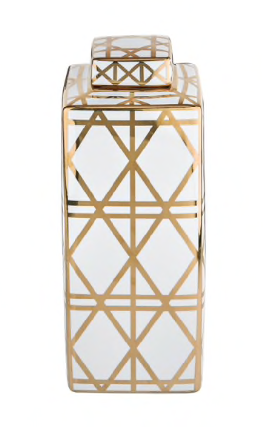 Kim Zolciak Biermann's White and Gold Geometric Canister in her Office Don't Be Tardy Season 6 Home Decor