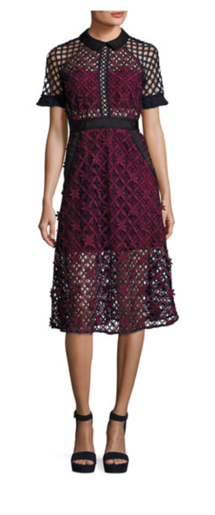 Grace Adler's Burgundy and Black Lace Panel Collared Dress