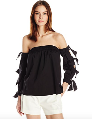Kelly Dodd's Black and White Bow Sleeve Cold Shoulder Top