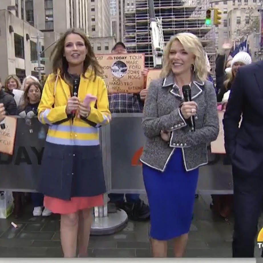 Savannah Guthrie's Yellow and Blue Striped Raincoat