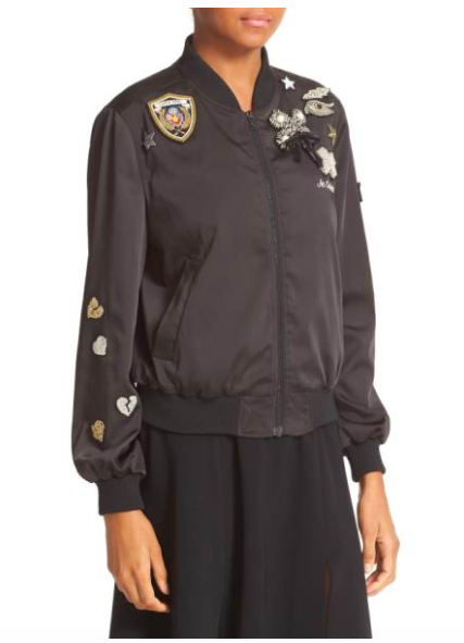 Lisa Rinna's Black Embroidered Patch Bomber Jacket