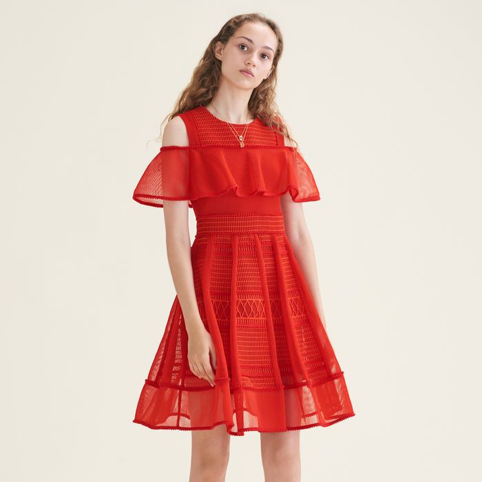 Tinsley Mortimer's Red Cold Shoulder Ruffle Dress