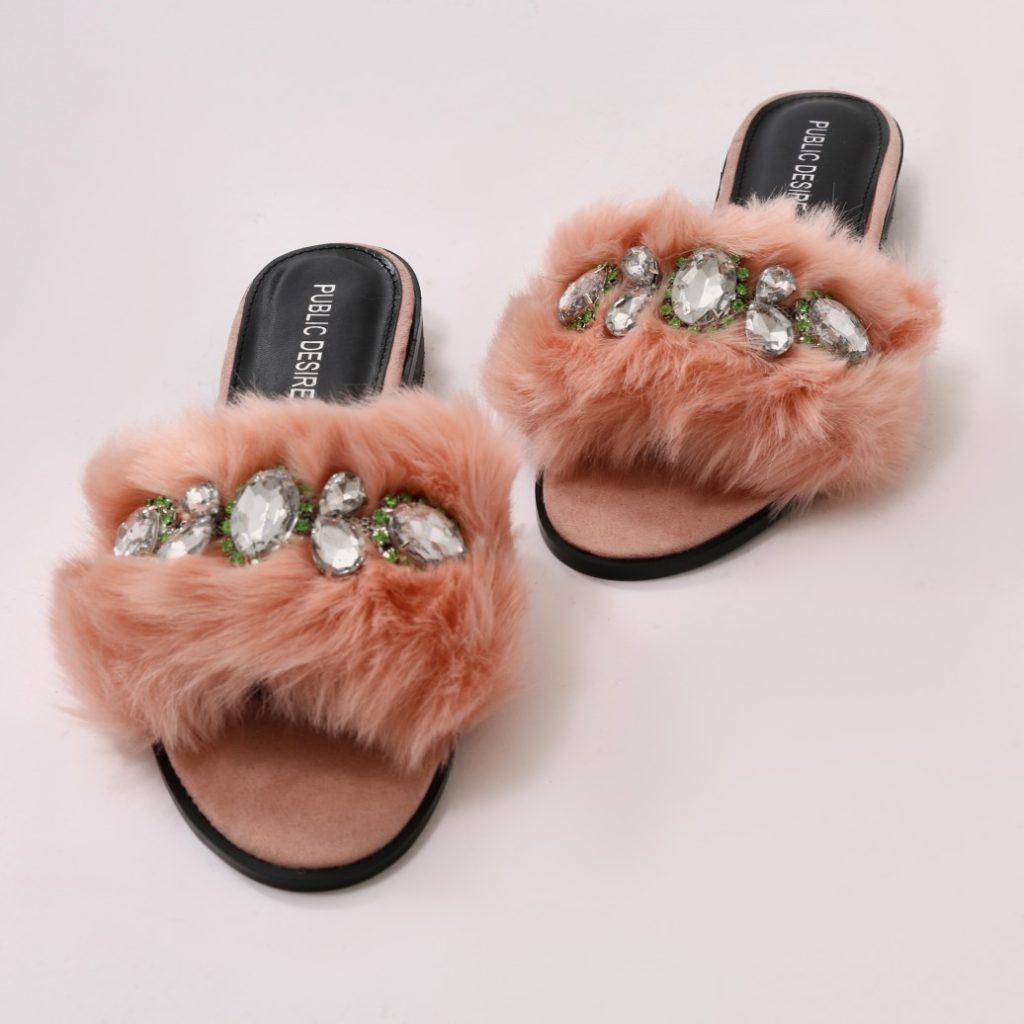 Carole Radziwill's Pink Embellished Fur Slides in Connecticut