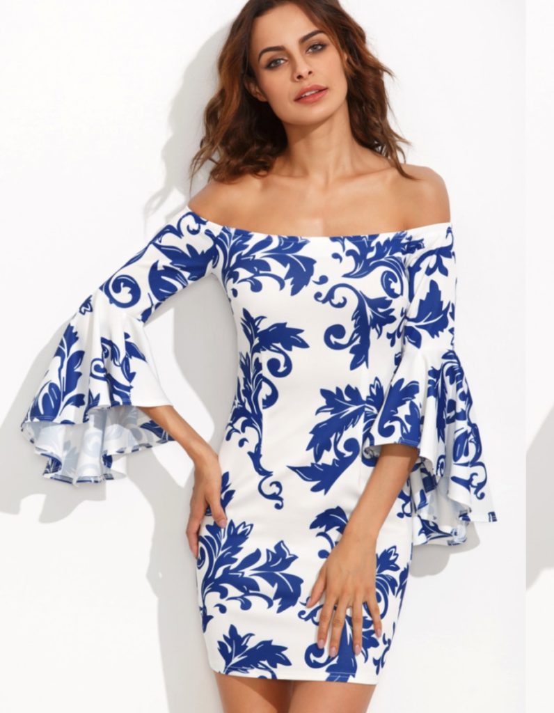 Krystal Nielson's Blue and White Off the Shoulder Dress