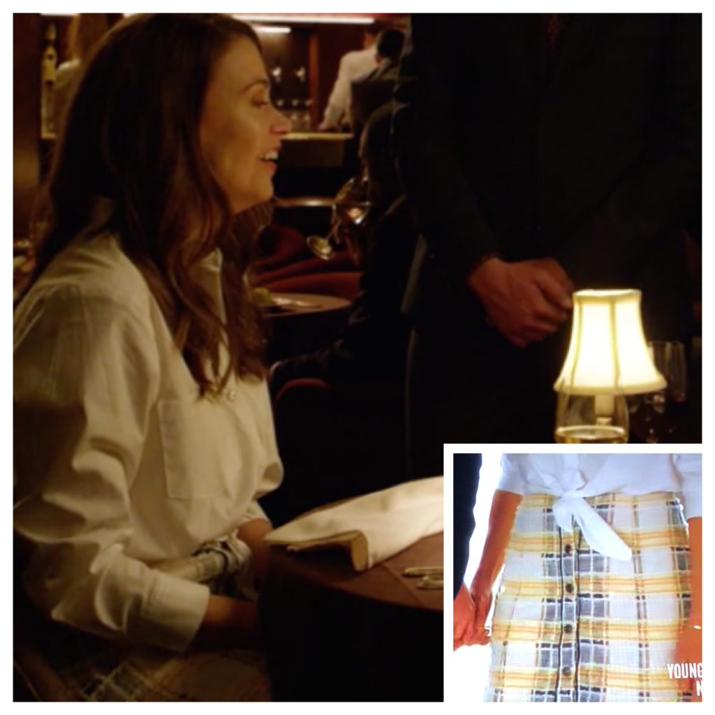 Liza Miller's White Button Down Shirt and Yellow Plaid Skirt