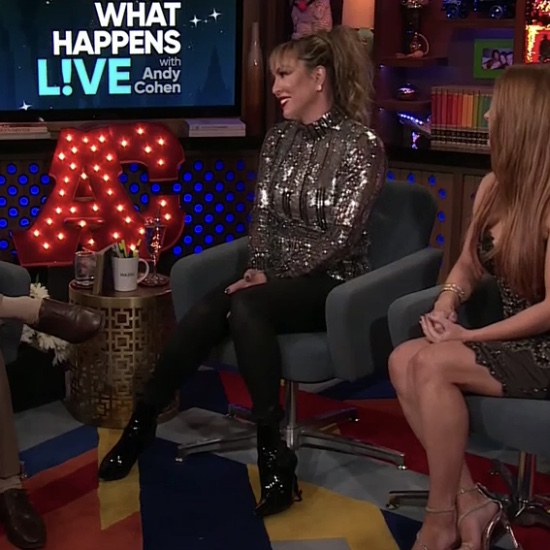 Kelly Dodd's Black Patent Booties on WWHL