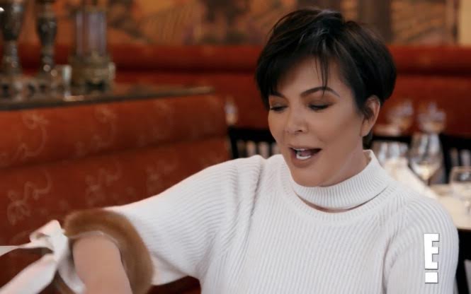 Kris Jenner's White Fur Trimmed Sweater Eating with Scott