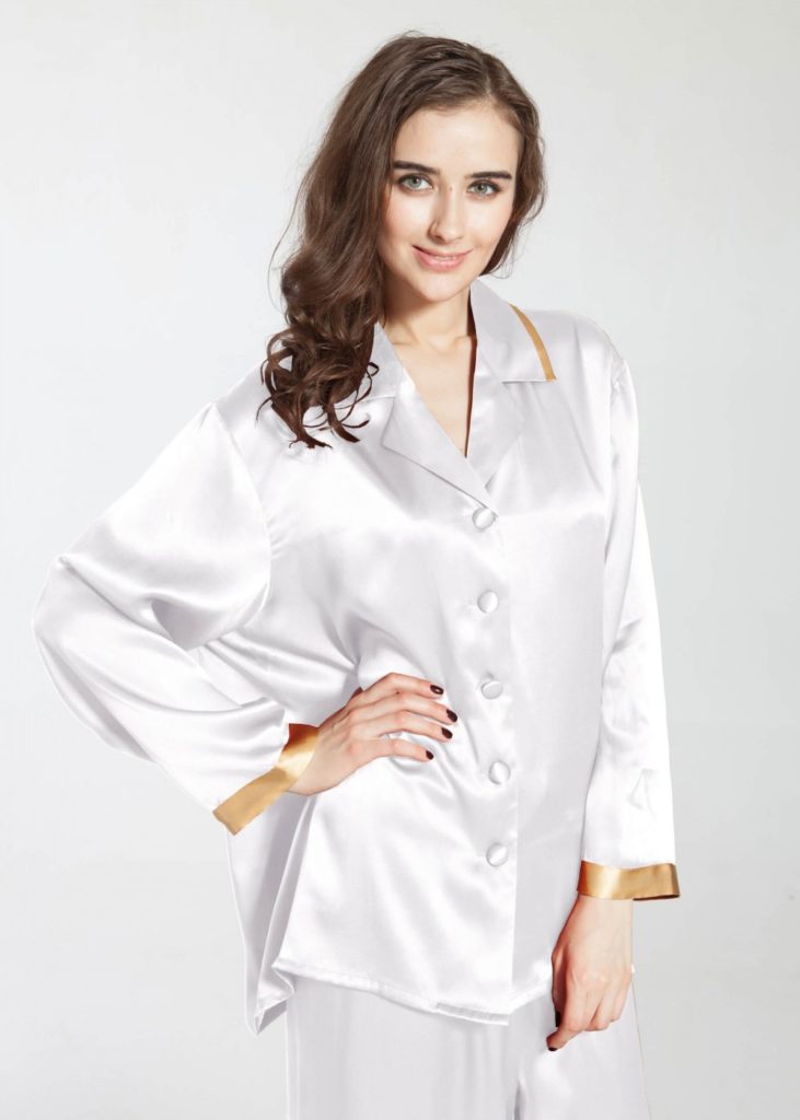 Alexis Rose's Gold Trim White Silk Pajamas