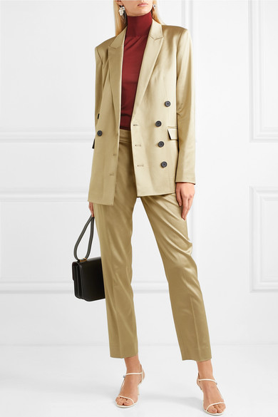 Morgan Stewart's Gold Satin Suit