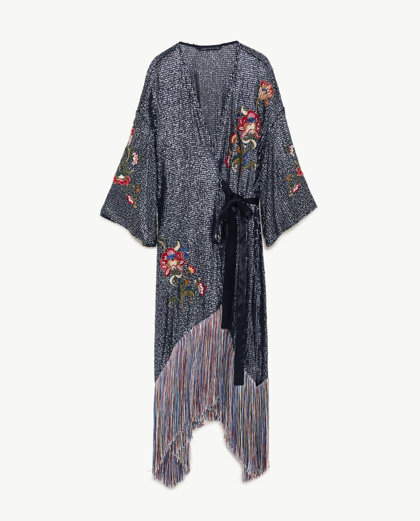 Alexis Rose’s Sequin Floral Fringe Kimono