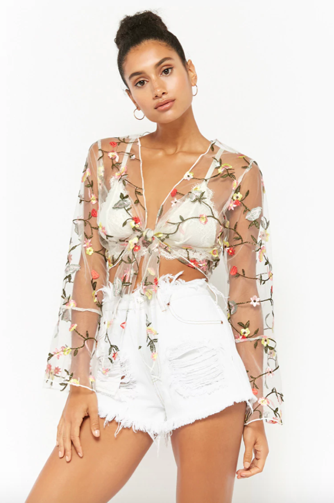 Paige DeSorbo’s Floral Embroidered Sheer Top