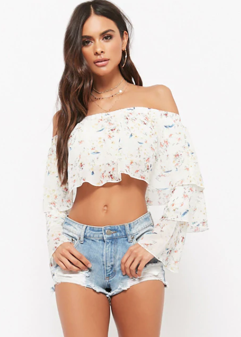 Paige DeSorbo’s White Printed Off the Shoulder Top