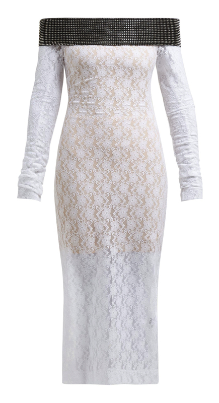 Stephanie Hollman’s Embellished White Lace Dress