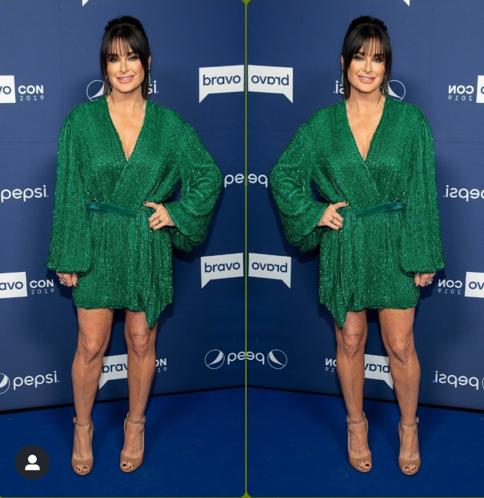 Kyle Richards' Green Sequin Dress on WWHL at Bravocon