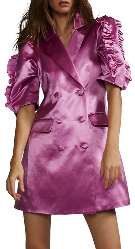 Dolores Catania's Pink Satin Ruffle Dress