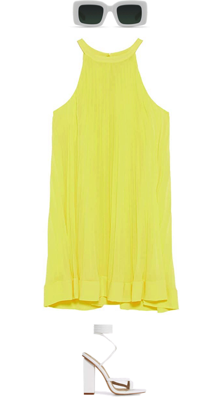 Paige DeSorbo’s Yellow Pleated Halter Dress