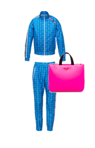 Erika Jayne Girardi's Blue Track Suit and pink nylon bag