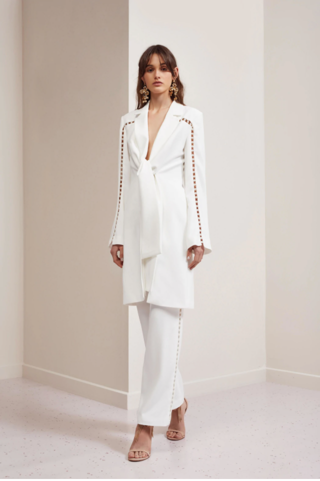 Monique Samuels' White Pearl Embellished Suit