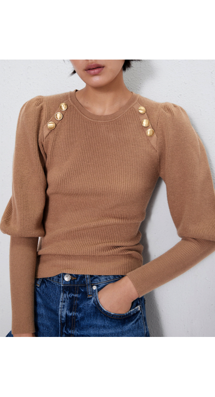 Leah McSweeney’s Tan Puff Sleeve Button Sweater