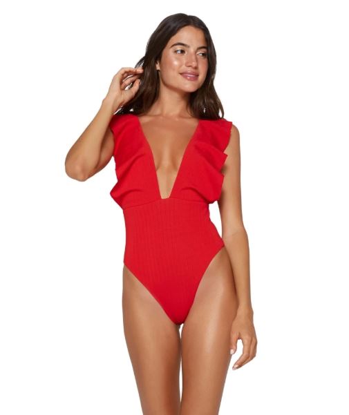 Tracy Tutor's Red Ruffle Bathing Suit