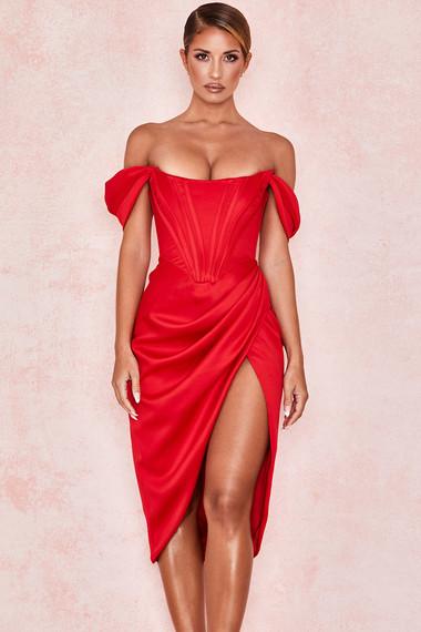 Garcelle Beauvais' Red Off The Shoulder Bustier Dress