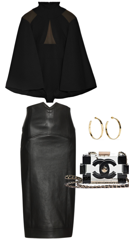Bethenny Frankel’s Black Cape Bodysuit and Leather Skirt
