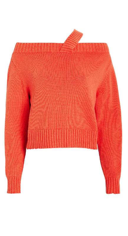 Braunwyn Windham-Burke’s Coral Cold Shoulder Sweater