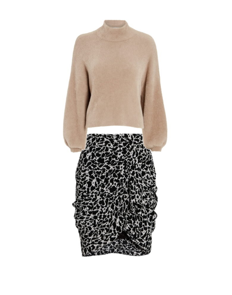 Kristin Cavallari's Black and White Printed Skirt and Tan Sweater