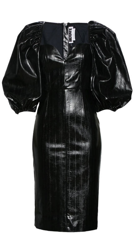 Lisa Rinna’s Black Leather Puff Sleeve Dress