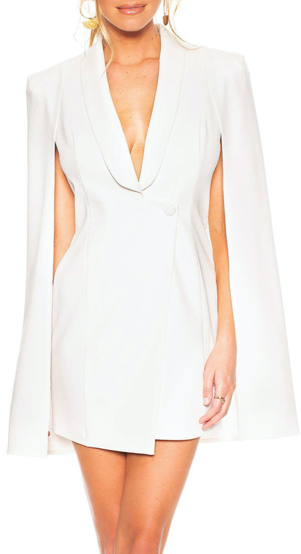 Emily Simpson’s White Cape Confessional Blazer Dress