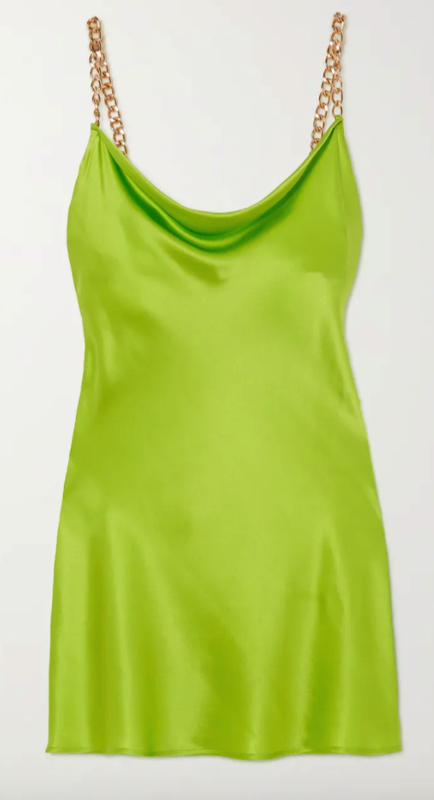 Tayshia Adams’ Lime Green Chain Strap Satin Dress