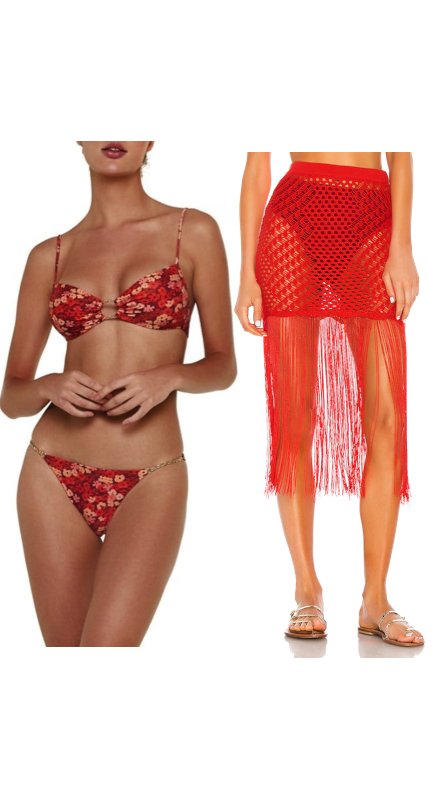 Tayshia Adams’ Red Floral Bikini and Crochet Fringe Cover Up